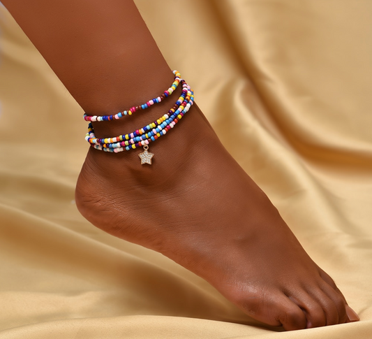 Multi Colored Beaded Anklet Set With Star Charm