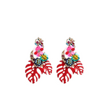 Goldtone Red Palm Leaf Earring With Flower Accents
