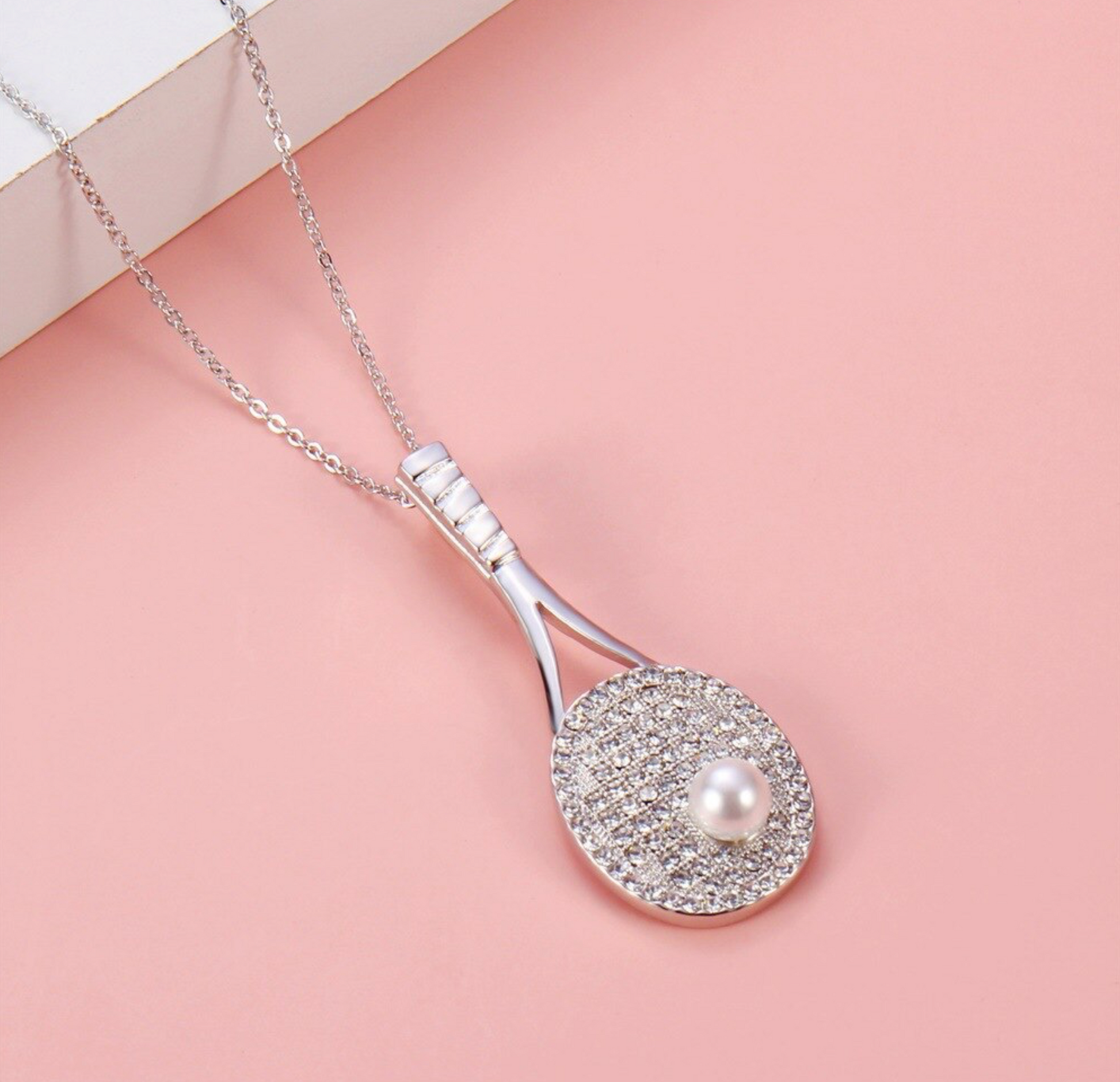 Sterling Silver Plated Crystal Pave Tennis Racket With Imitation Pearl