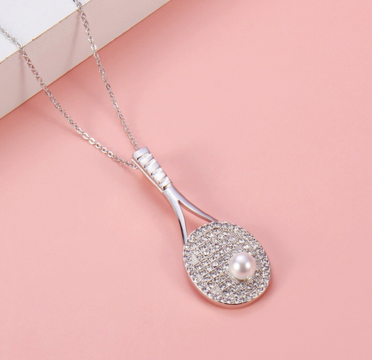 Sterling Silver Plated Crystal Pave Tennis Racket With Imitation Pearl