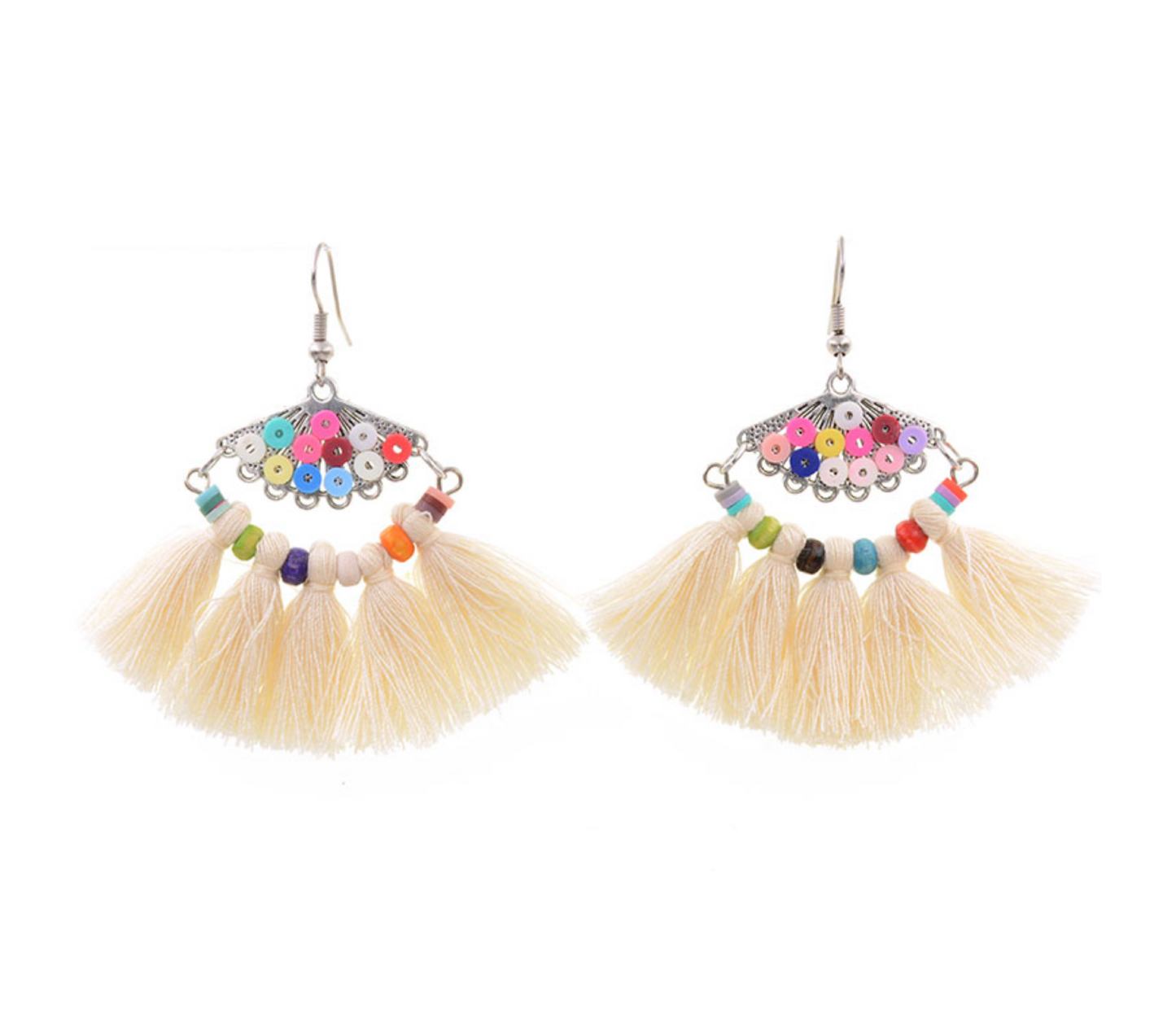 Cream Tasseled Multi Colored Drop Earrings