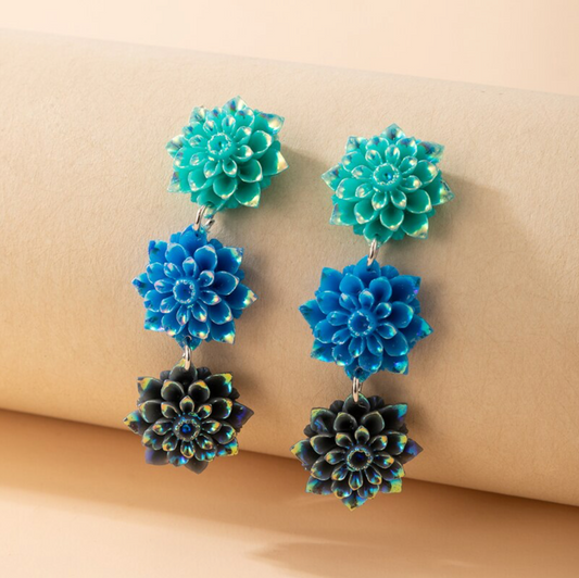 Blue Green Triple Flower Drop Earrings