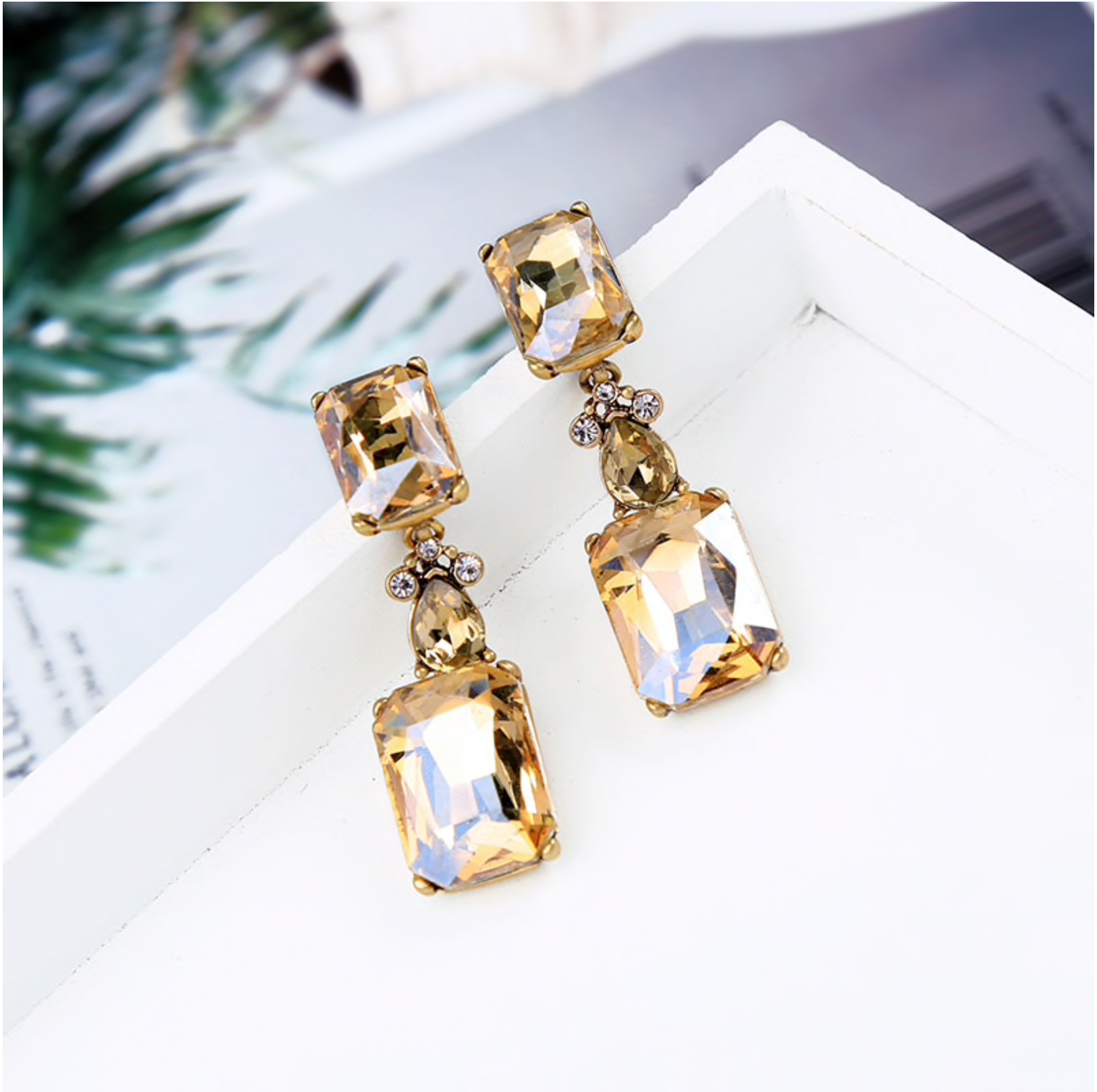 Goldtone Champagne Crystal Drop Earrings