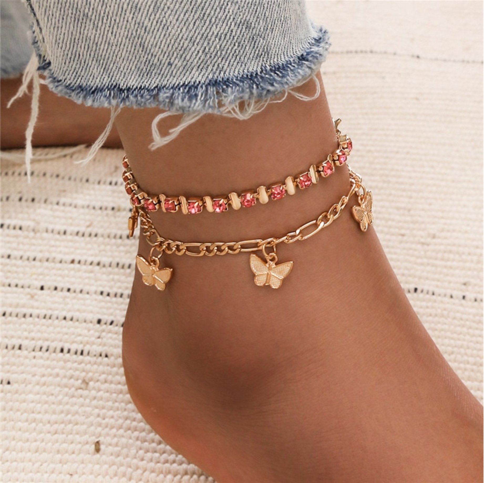 Goldtone Pink Crystal Anklet Set With Butterflies