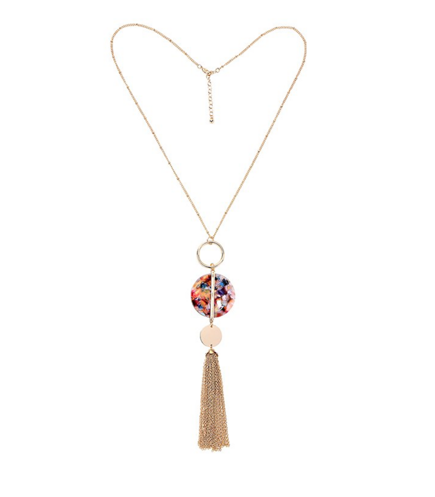 Multi Colored Circle Goldtone Tassel Pendant Necklace