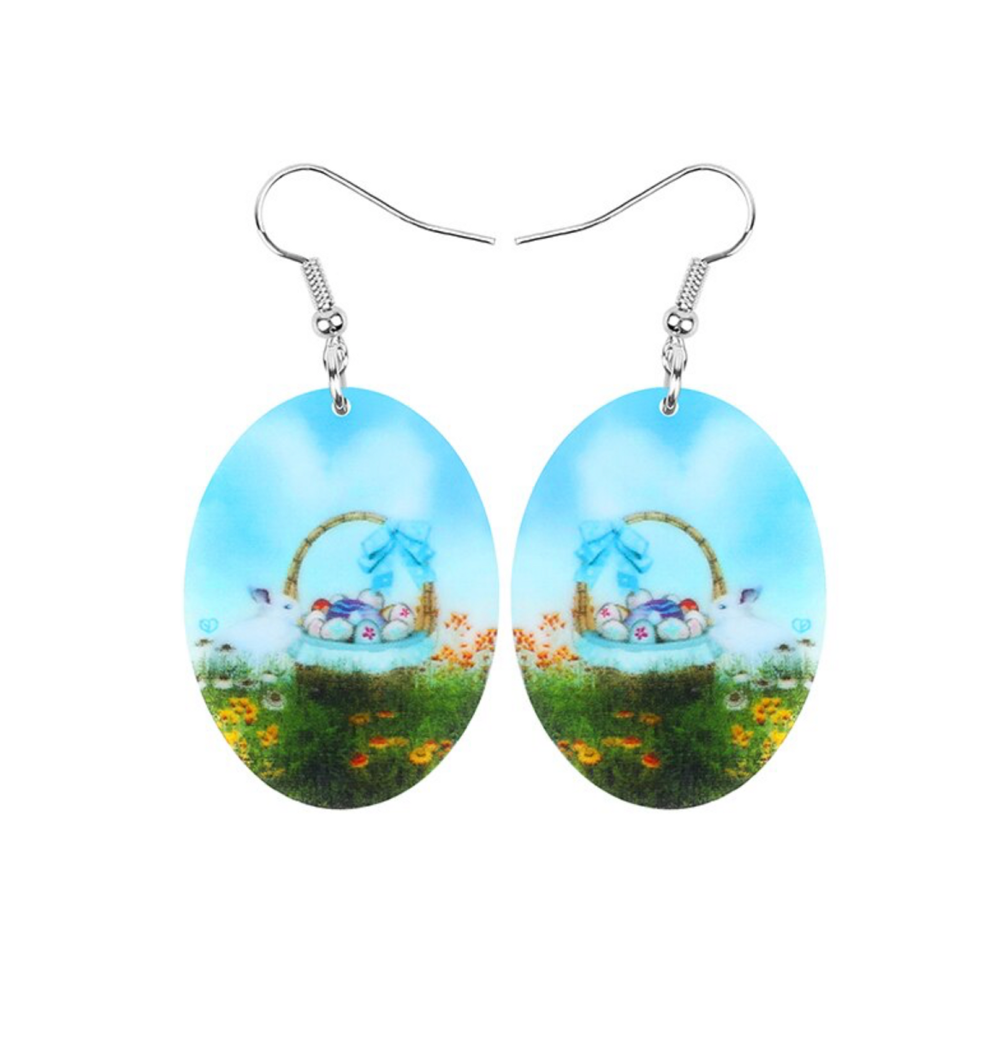 Blue Oval Earrings With Bunny Easter Egg Basket