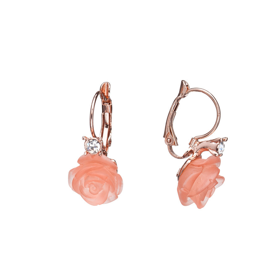 Rose Goldtone Rose Flower Leverback Earrings With Swarovski Crystal