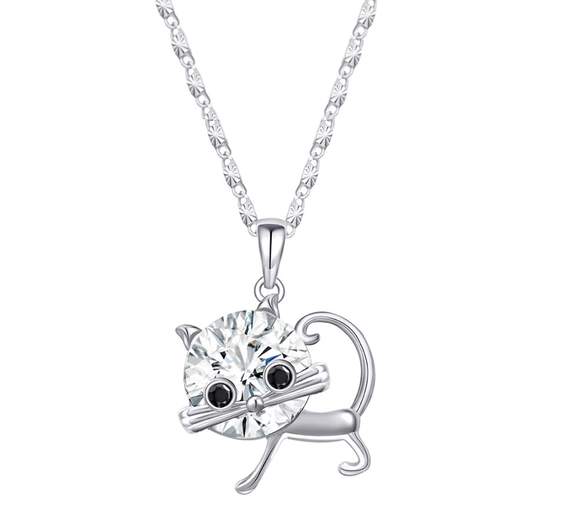Silvertone Clear Swarovski Crystal Cat Pendant Necklace