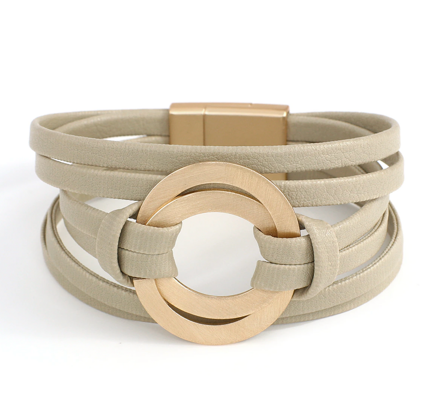 Goldtone Double Circle Leather Bracelet In Beige