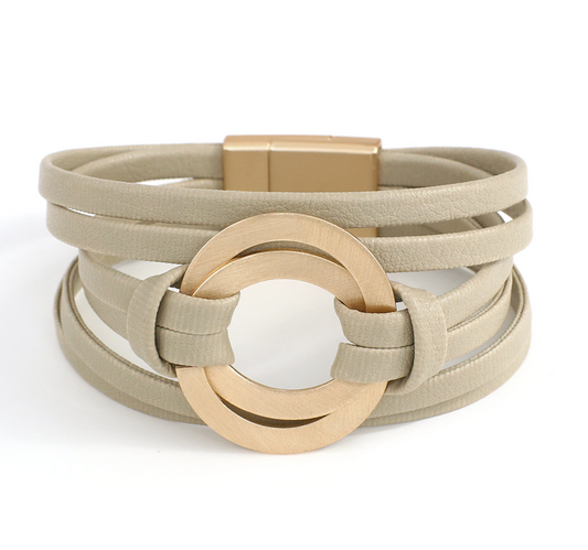Goldtone Double Circle Leather Bracelet In Beige