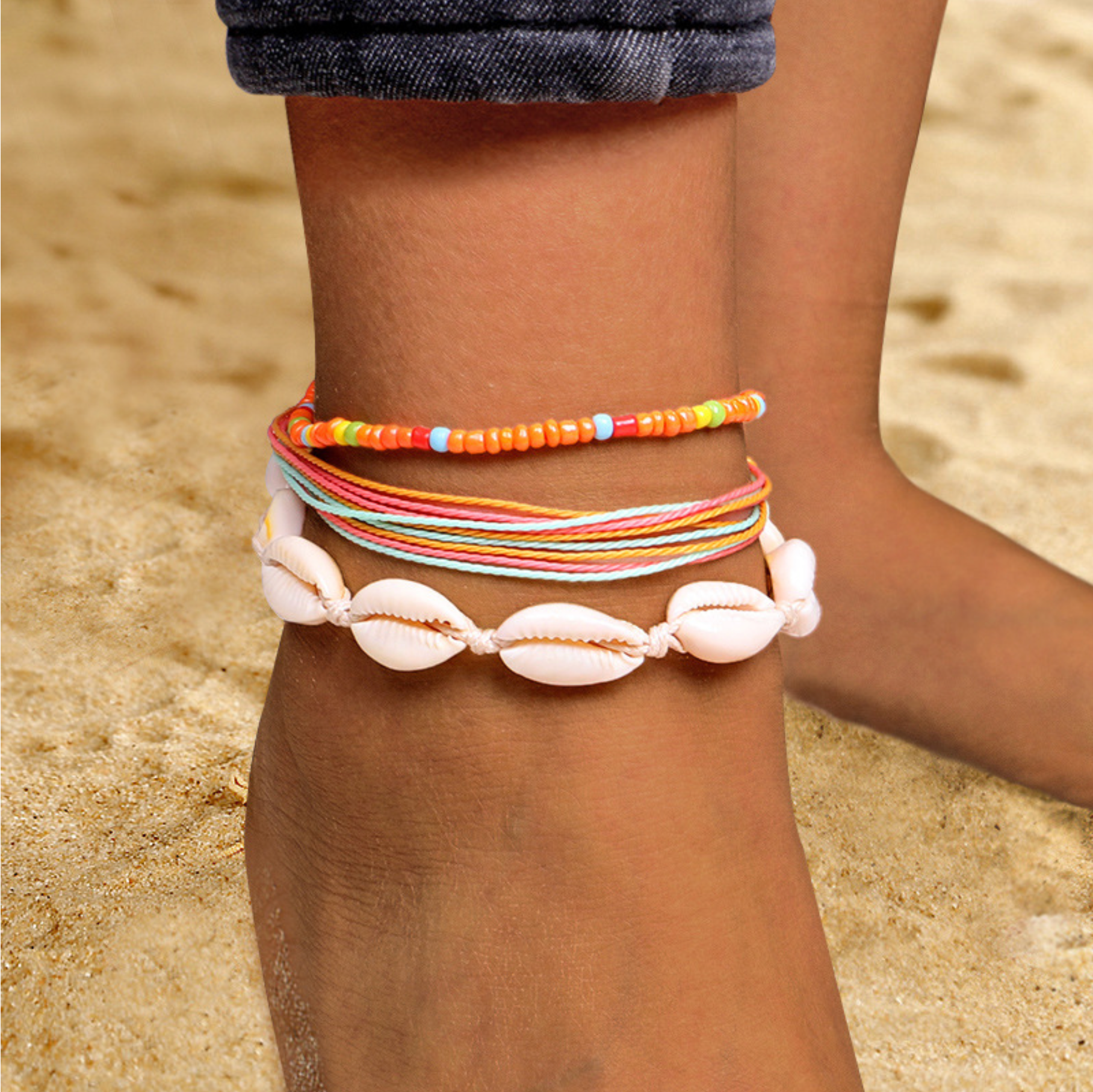 Rainbow Bead Cord Anklet Set With White Shells