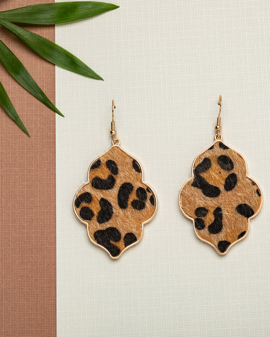 Brown Goldtone Leopard Medallion Drop Earrings