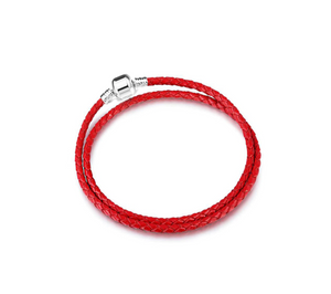 Red Leather And Silvertone Double Braided Charm Bracelet