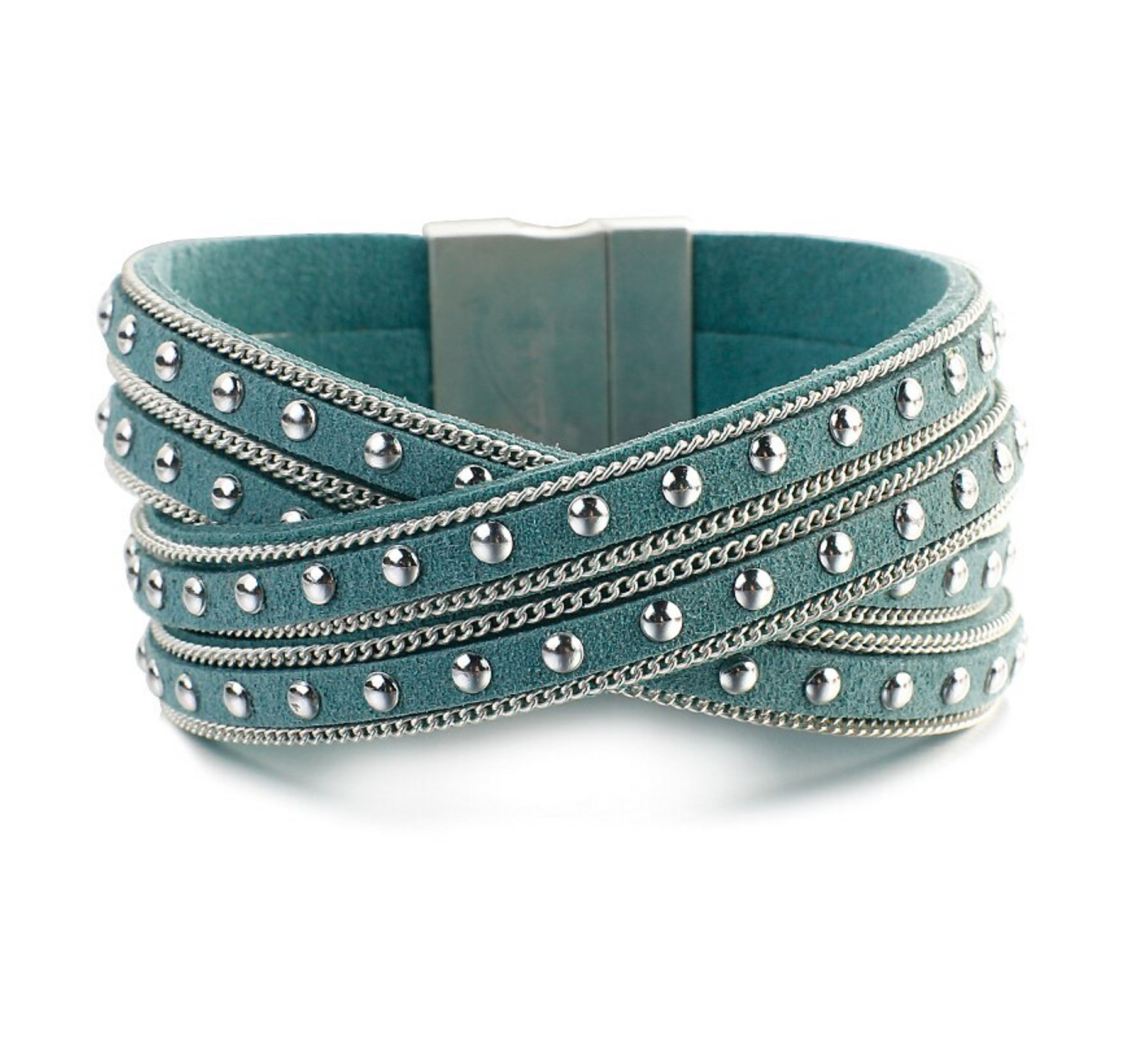 Teal Silvertone Studded Faux Leather Bracelet