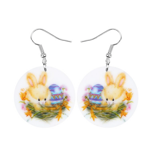 Round Cartoon Bunny Easter Egg Drop Earrings