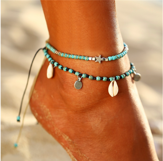 Teal Beaded Ocean Motif Anklet Set