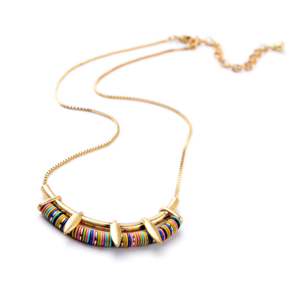 Goldtone necklace with multicolored curved tube beads and goldtone spacers