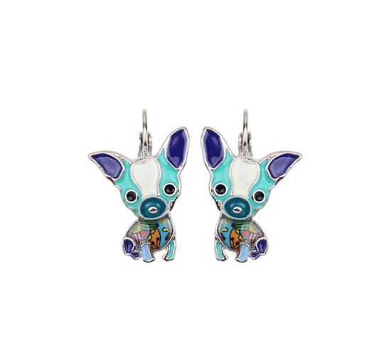 Blue Enamel Chihuahua Leverback Earrings
