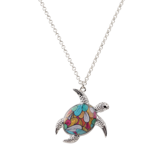 Mosaic Turtle Silvertone Pendant Necklace