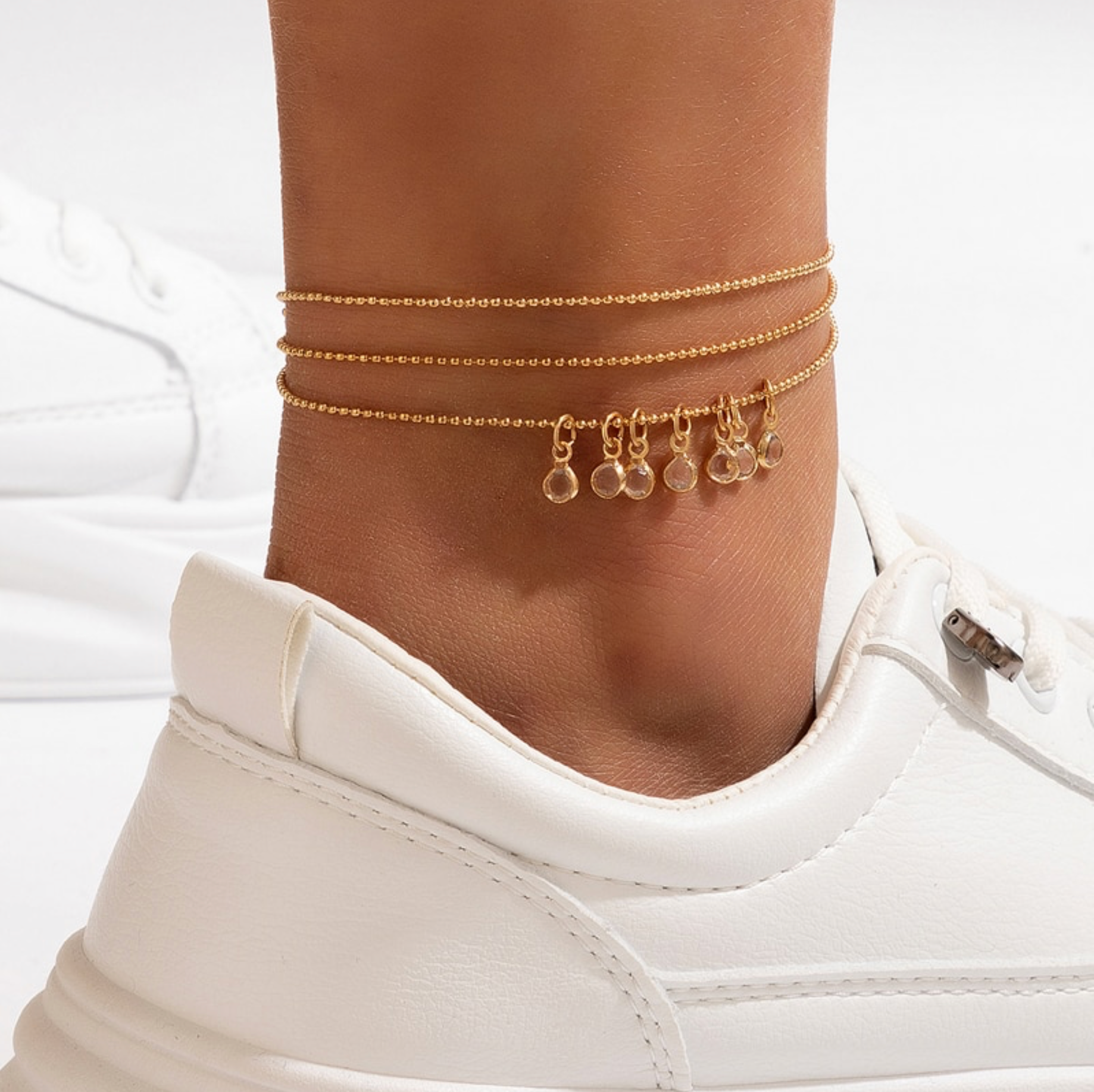 Goldtone Dainty Set Of 3 Anklets With Clear Crystal Charms