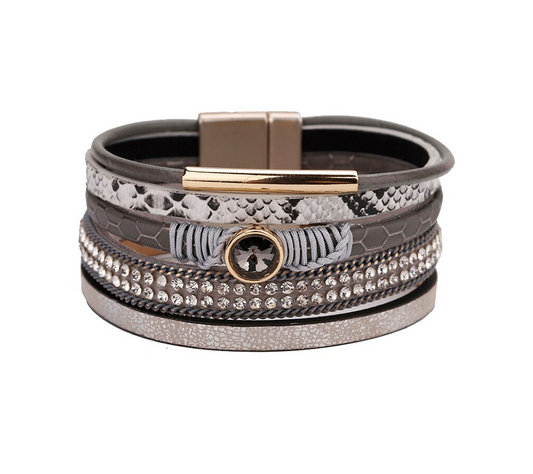 Brown Snake-embossed Crystal Accent Leather Bracelet