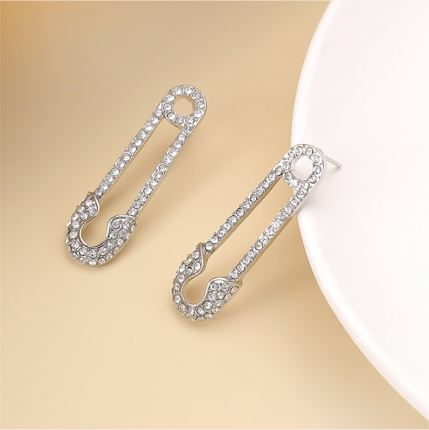 Silvertone Crystal Pave Safety Pin Stud Earrings