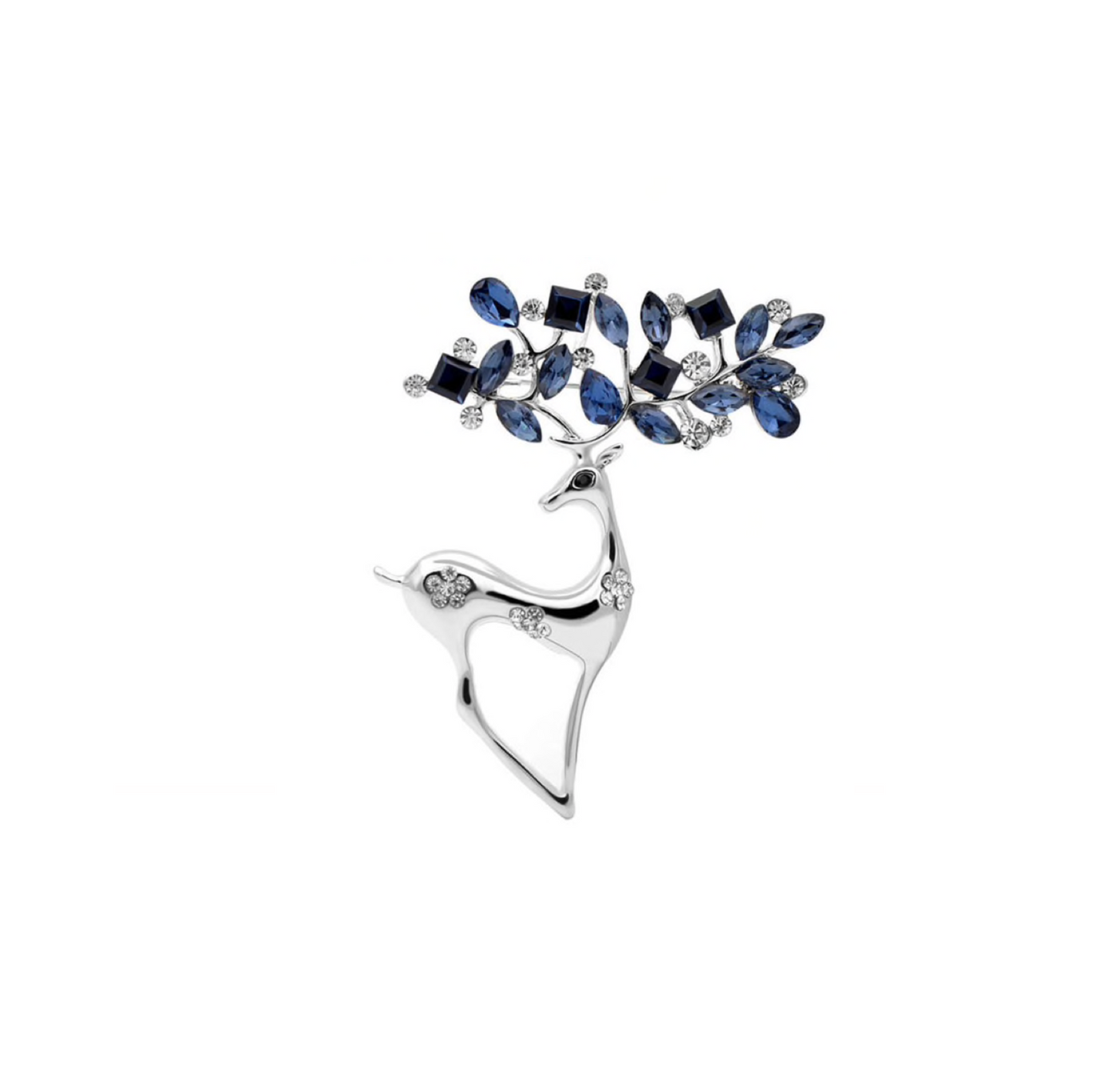 Blue Shade Crystal Silvertone Deer Brooch