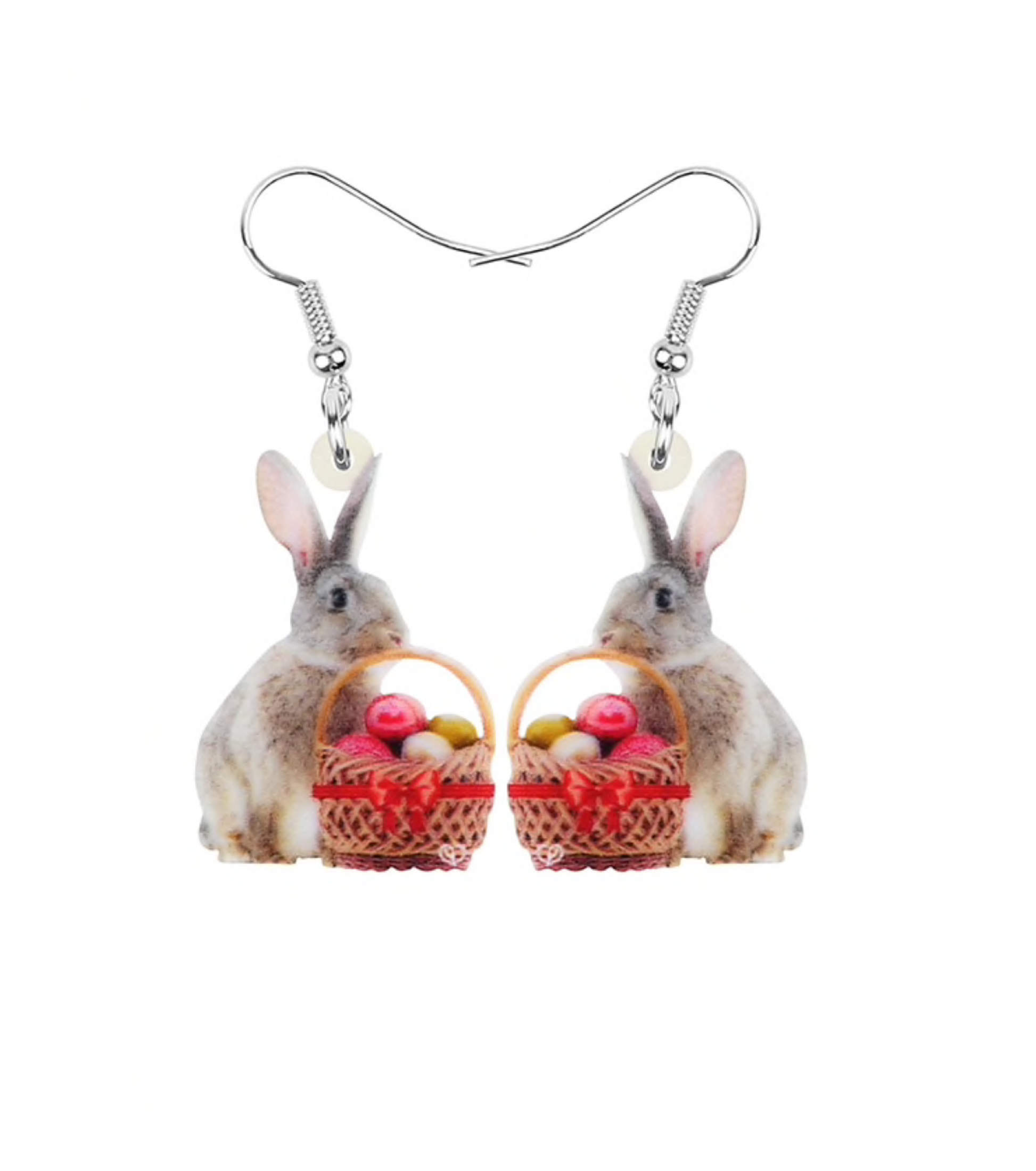 Bunny With Pink Easter Eggs In Basket Drop Earrings