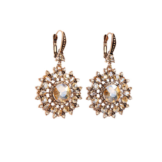 Goldtone Champagne Crystal Sunburst Drop Earrings