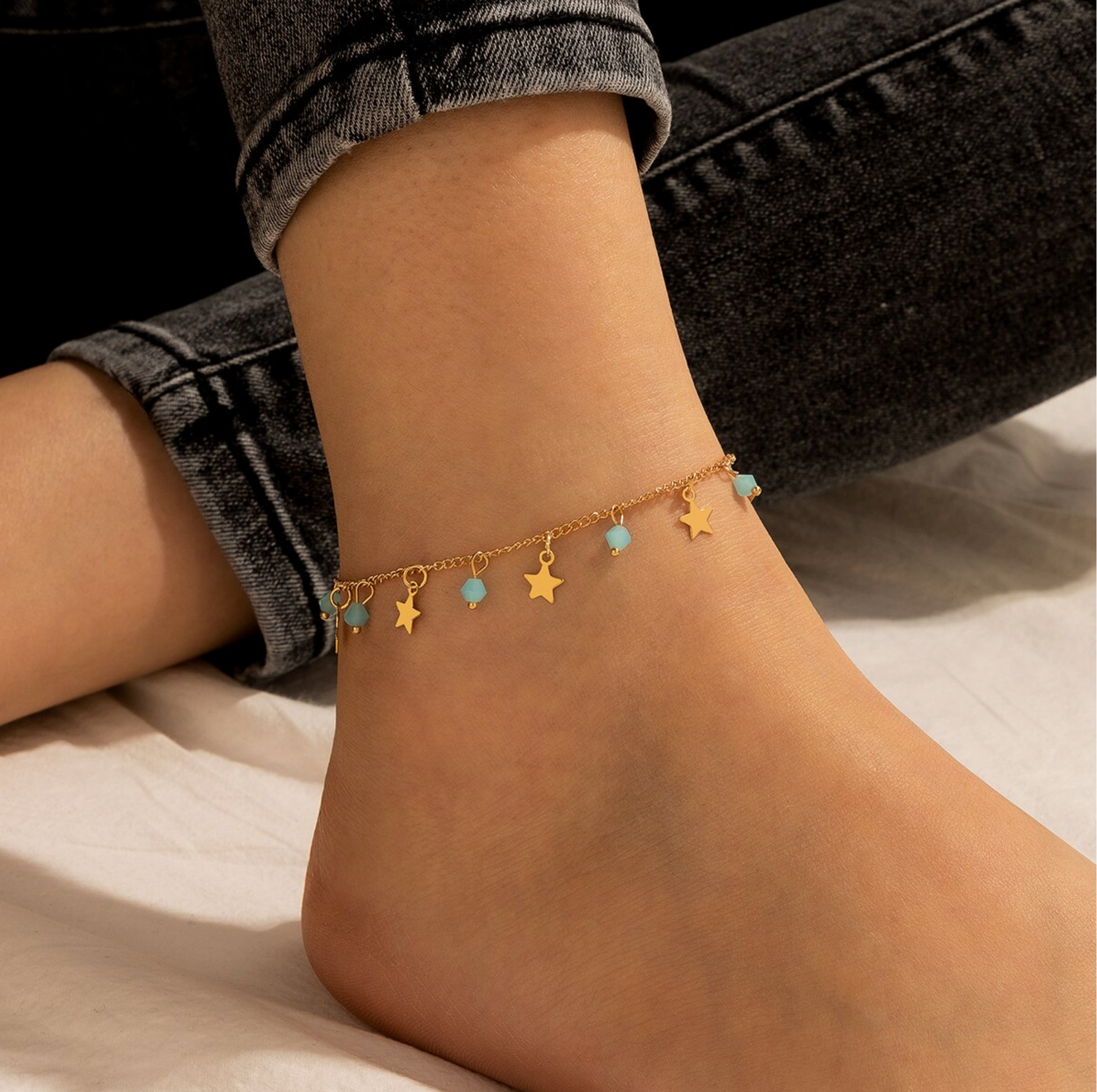 Goldtone Star Turquoise Bead Anklet