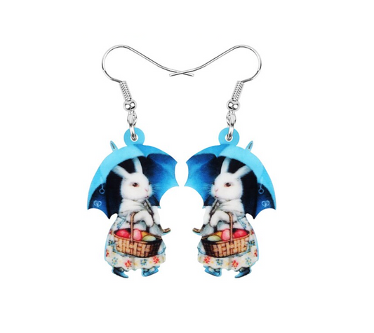 Bunny With Easter Basket Blue Umbrella Drop Earrings