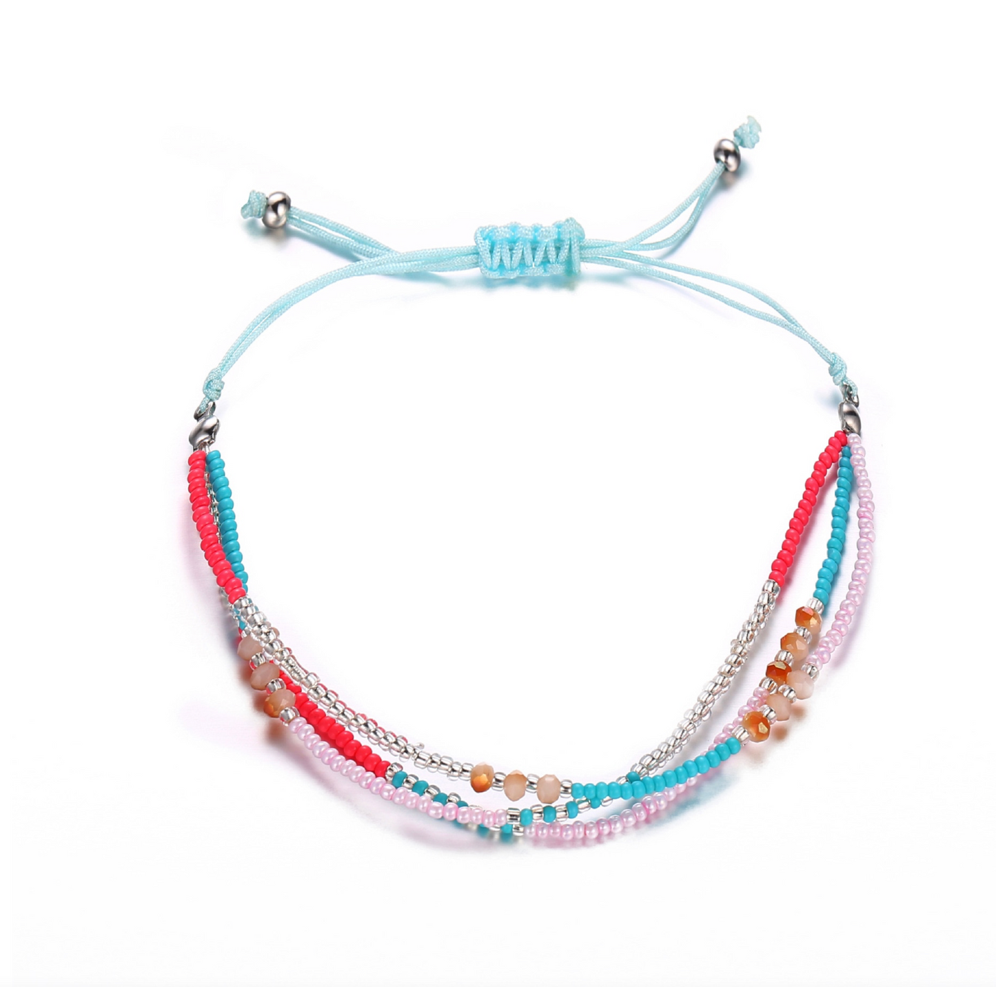 Turquoise, Red Pink Beaded Adjustable Anklet