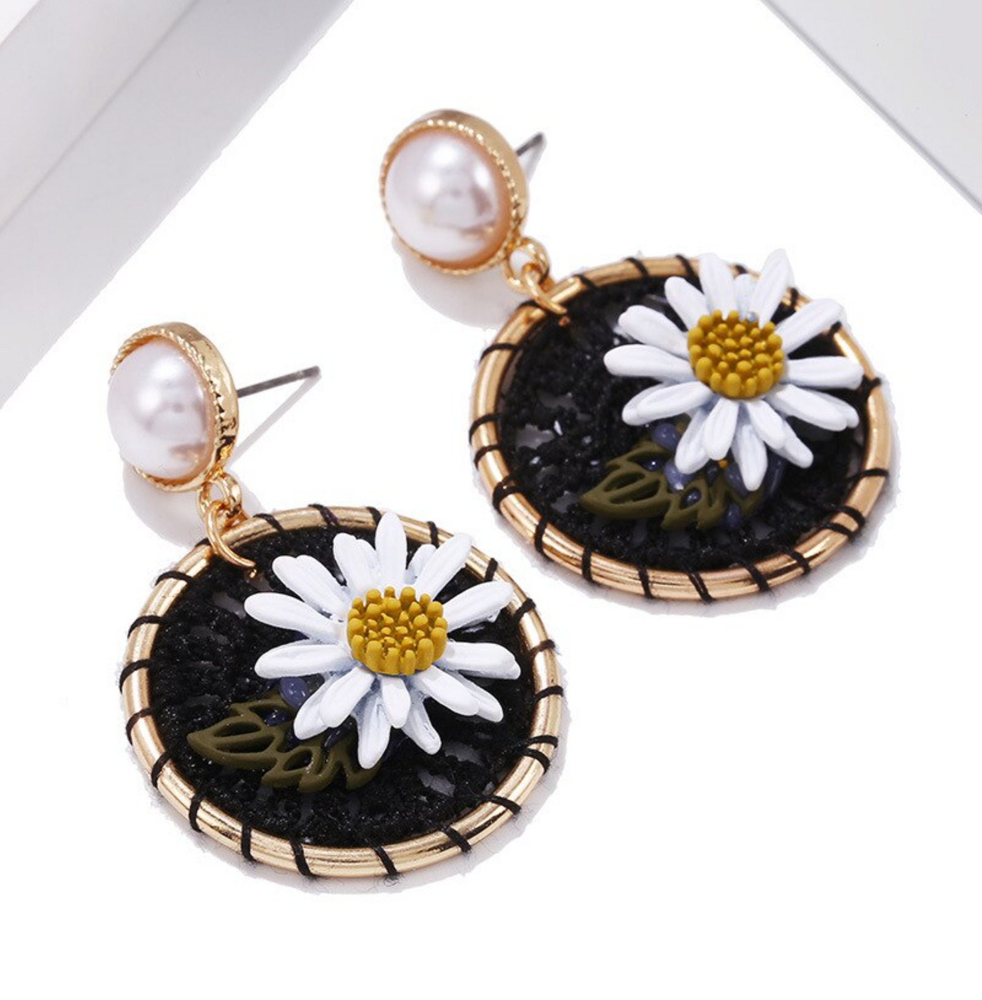 Black Woven Daisy Flower Circular Drop Earrings