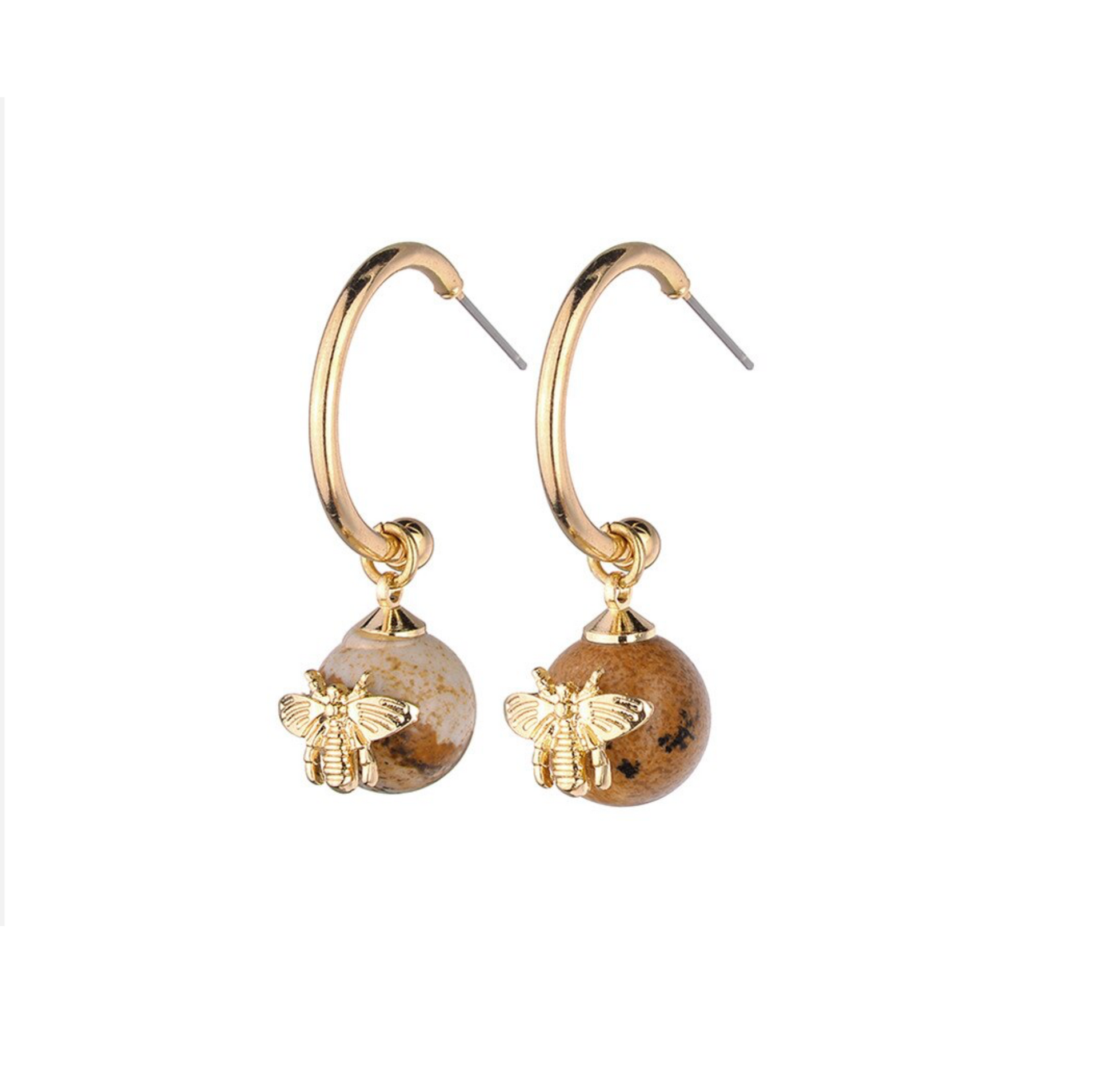 Goldtone Jasper Bead Bee Drop Earrings