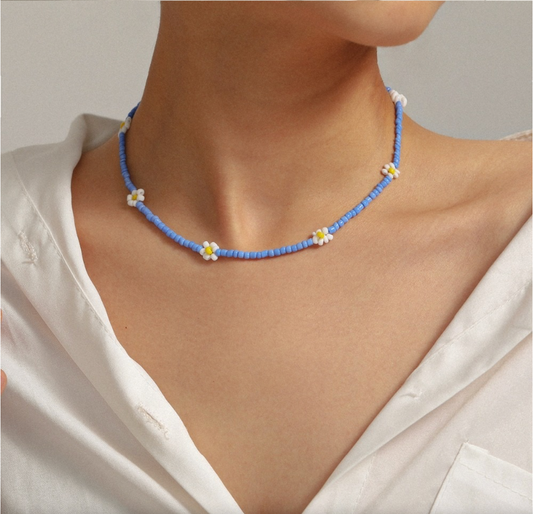 Blue Beaded Daisy Necklace