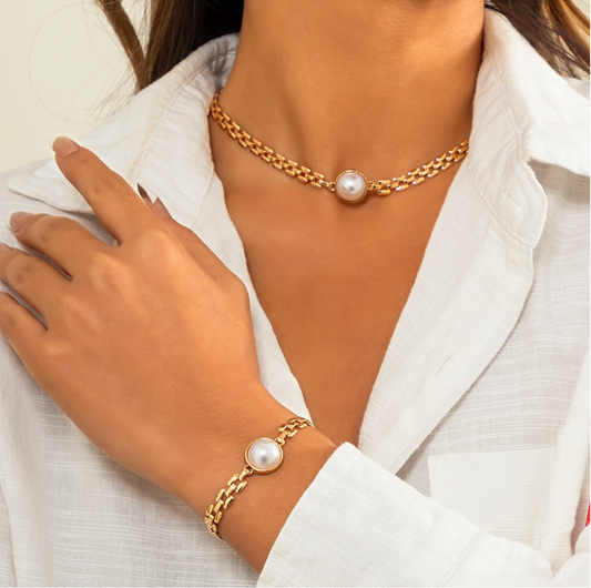 Goldtone Imitation Pearl Necklace And Bracelet Set