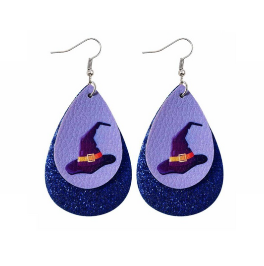 Blue Glitter Witches Hat Layered Teardrop Earrings