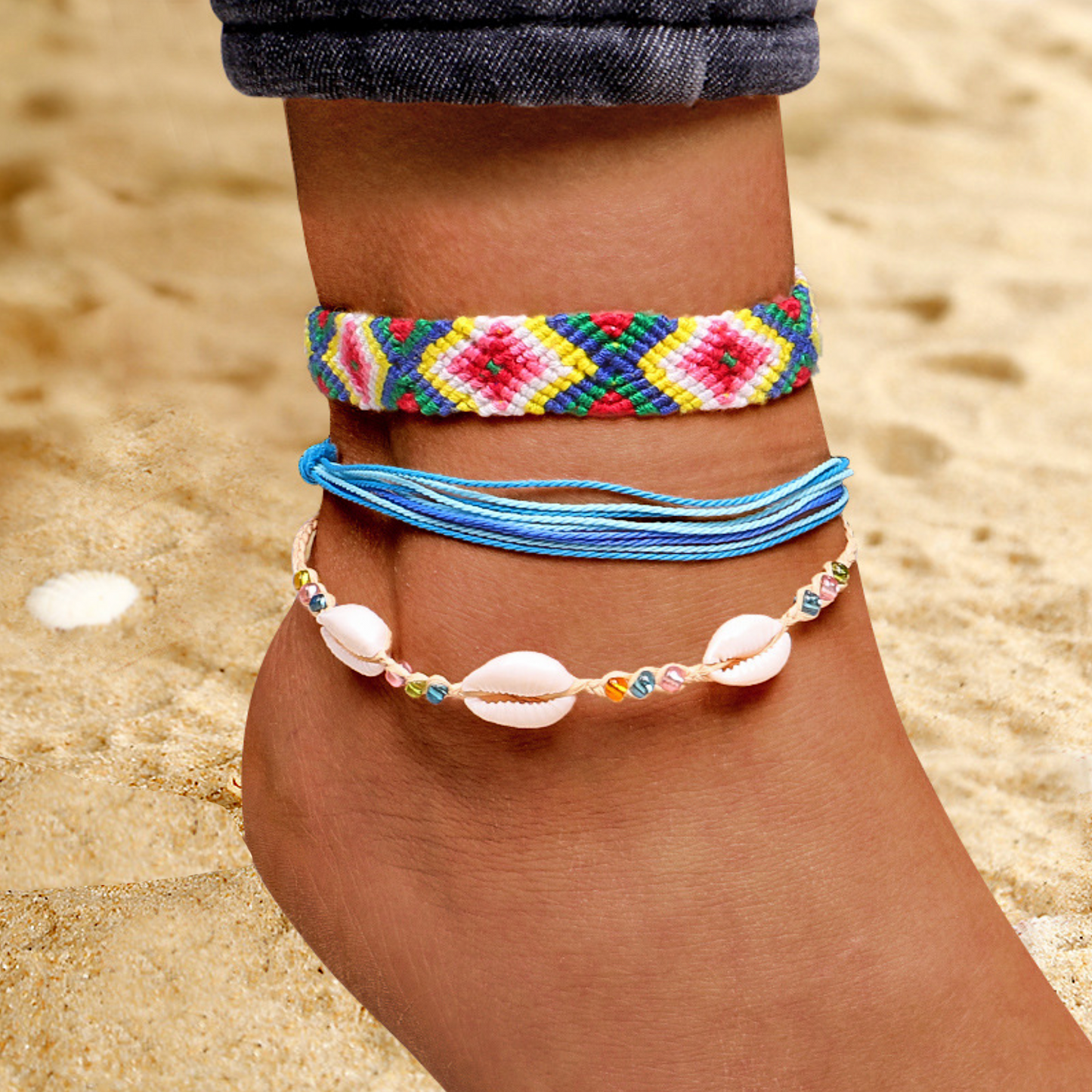 Multi Colored Cord And Shell Anklet Set Of 3