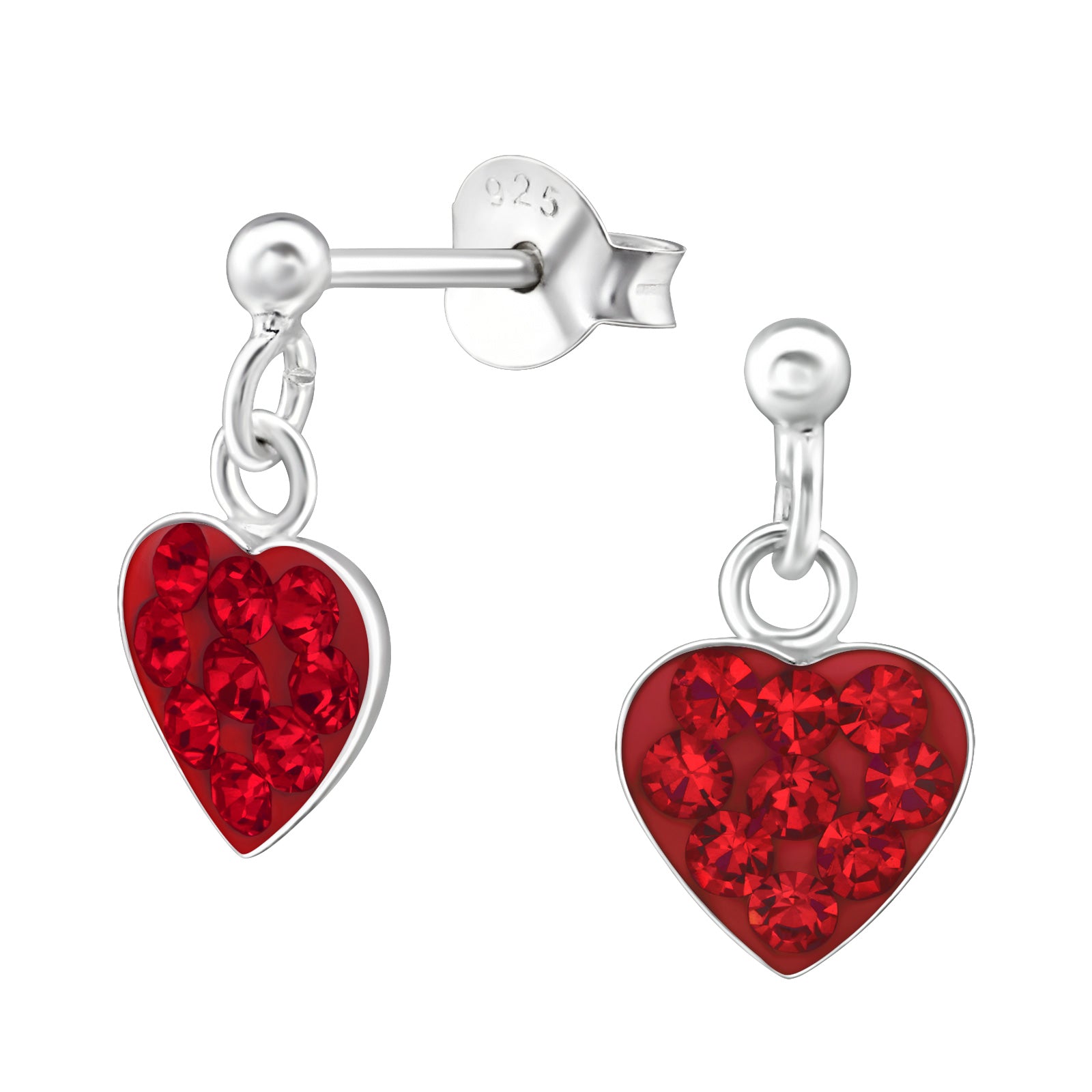 Sterling Silver Red Cubic Zirconia Heart Drop Earrings