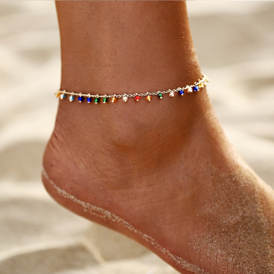Dainty Goldtone Multi Colored Beaded Anklet