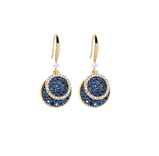 Blue Crystal Goldtone Layered Open Circle Drop Earrings