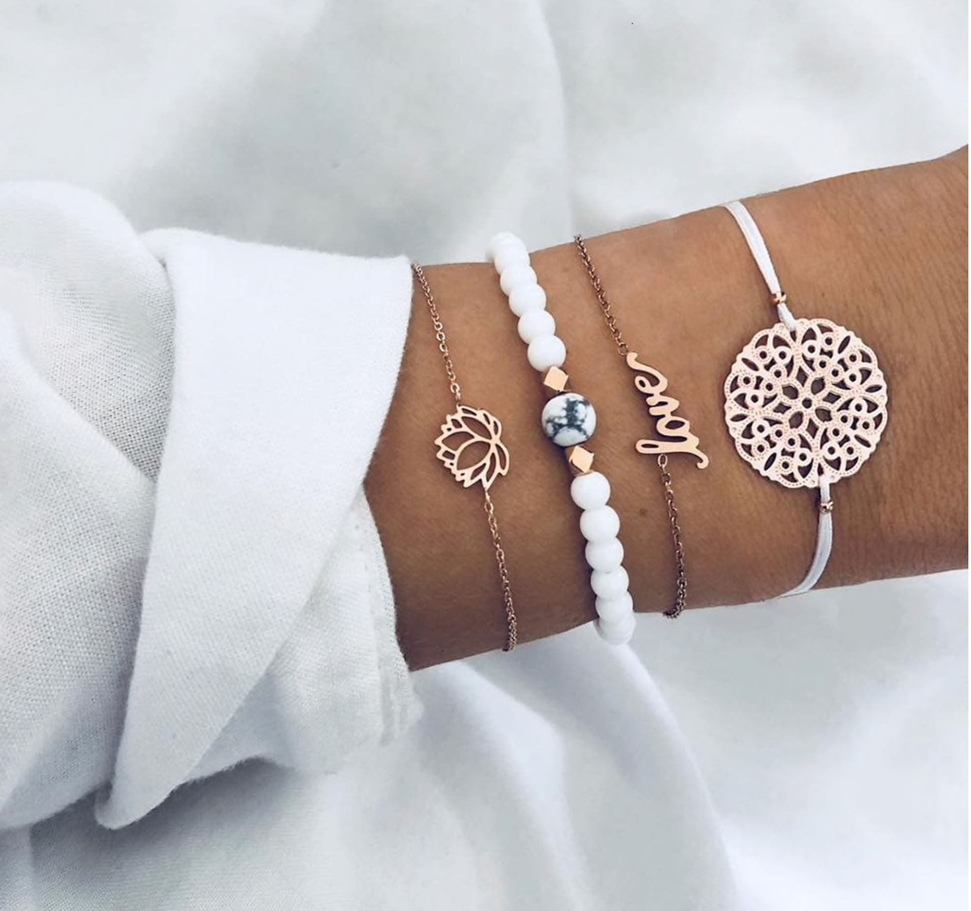 White Rose Goldtone Bracelet Set With Lotus