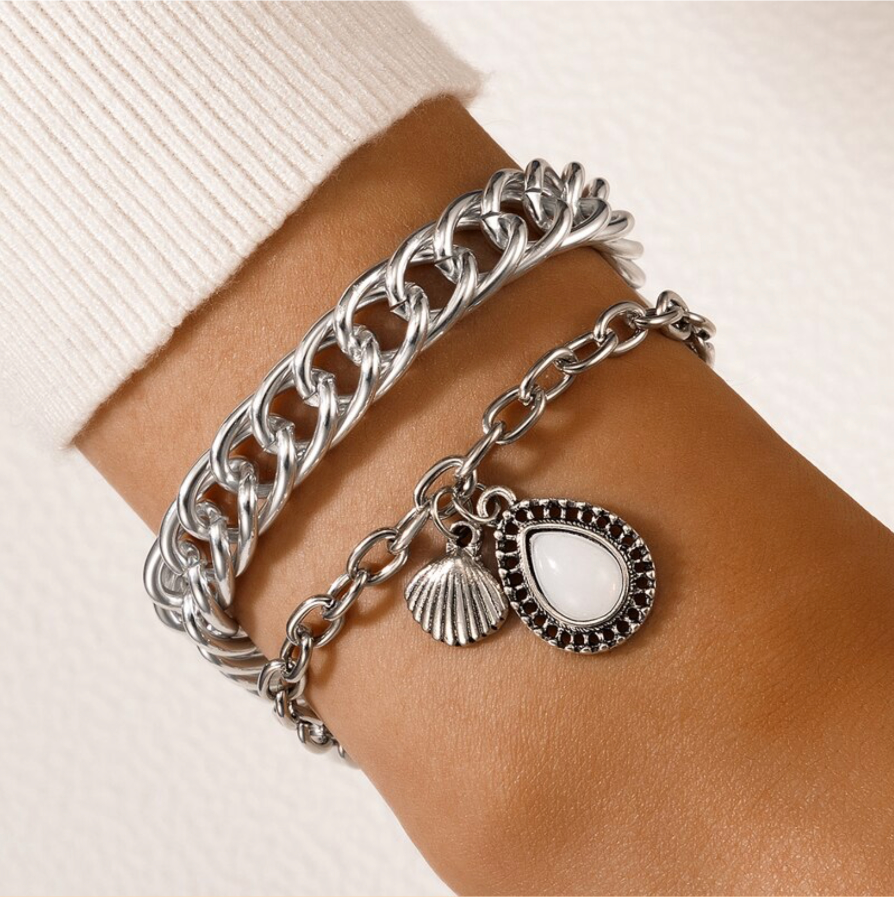 Silvertone Chain Link Bracelet Set With White Teardrop
