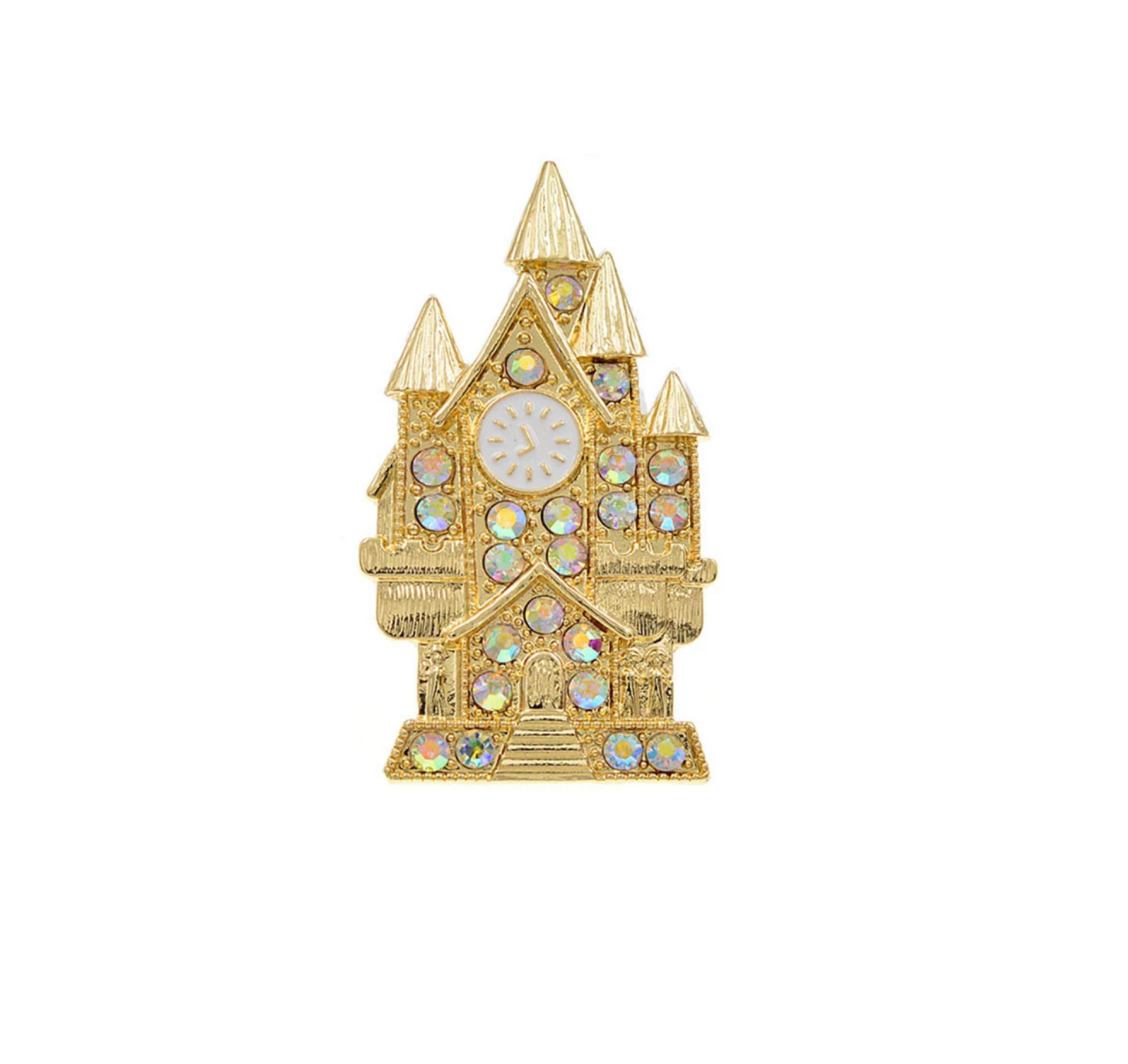 Goldtone Iridescent Crystal Castle Brooch