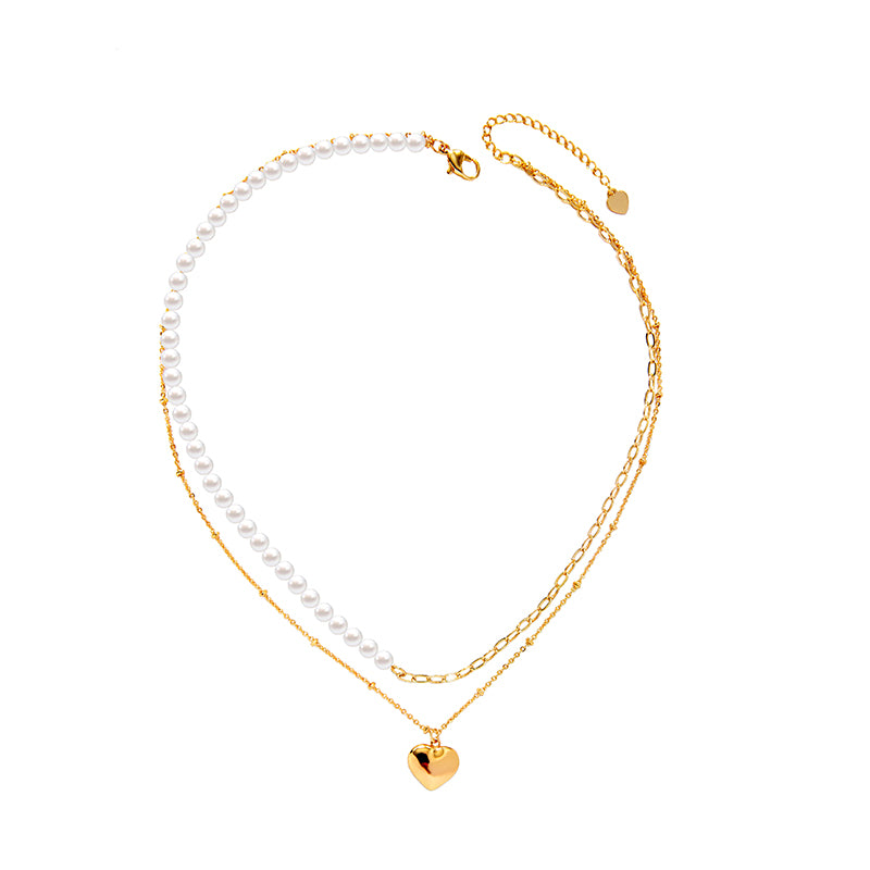 Goldtone Imitation Pearl Layered Heart Necklace