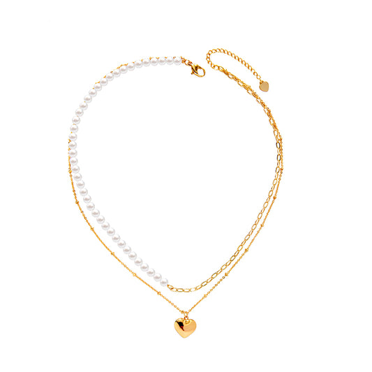 Goldtone Imitation Pearl Layered Heart Necklace