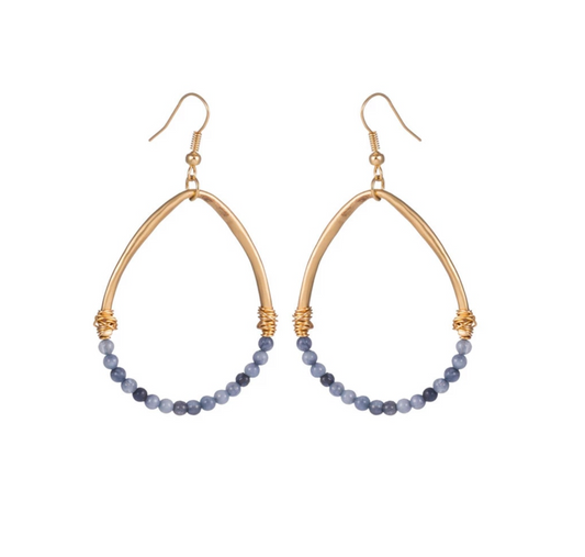 Blue Goldtone Beaded Open Oval Drop Earrings