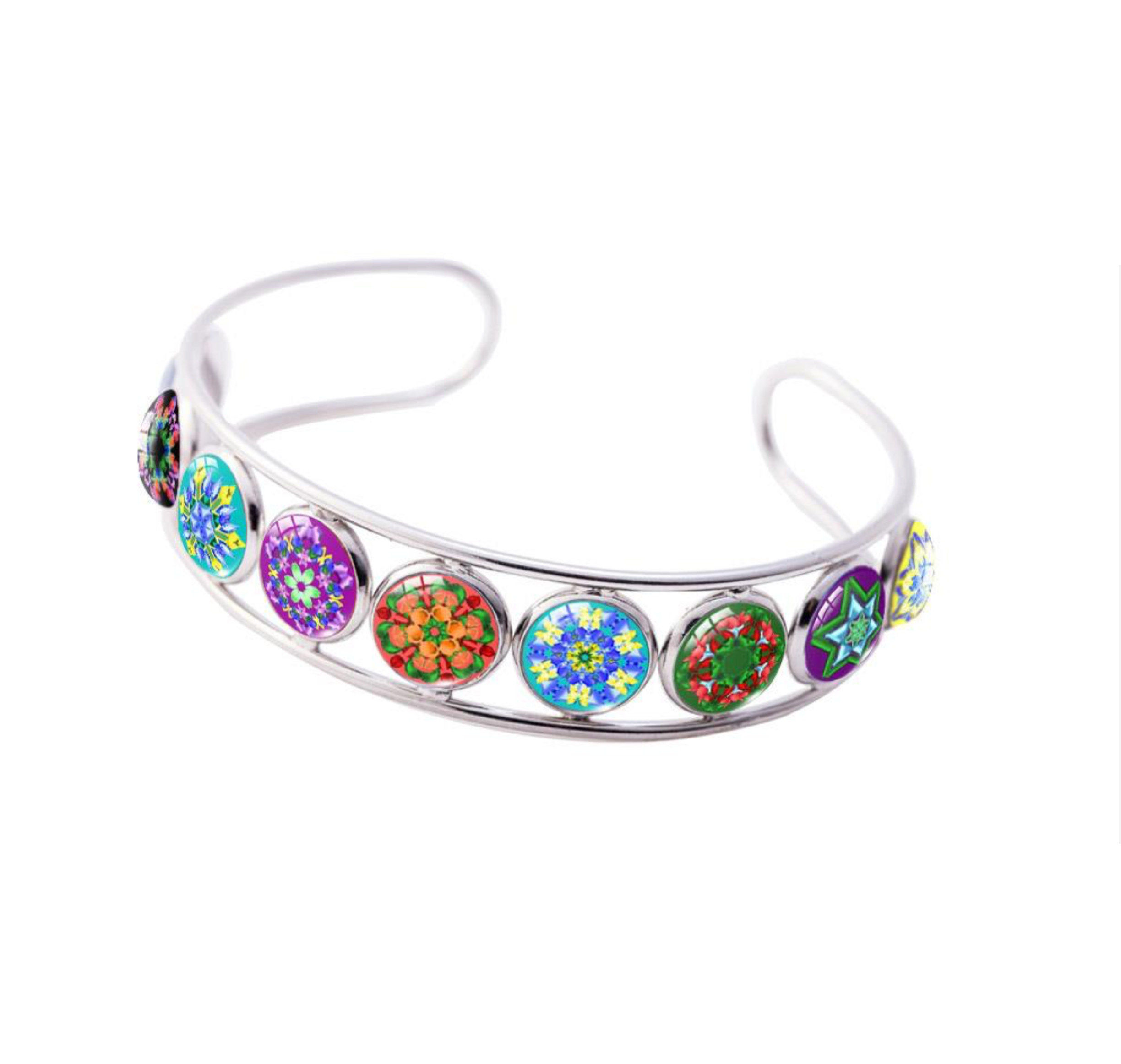 Purple Silvertone Floral Button Cuff