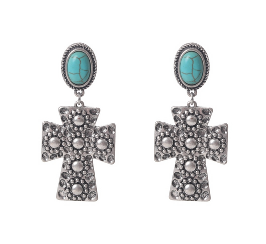 Embossed Silvertone Cross Turquoise Drop Earrings