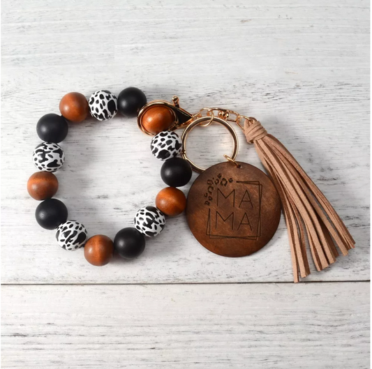 Wood, Black White Beaded Mama Tasseled Key Chain